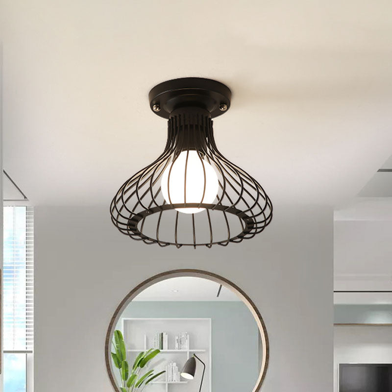 Caged Metal Ceiling Light Fixture with Cylinder/Teardrop Shade Industrial 1 Light Corridor Semi Flush Light in Black Clearhalo 'Ceiling Lights' 'Close To Ceiling Lights' 'Close to ceiling' 'Semi-flushmount' Lighting' 605902