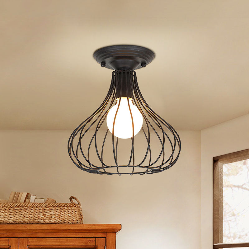 Caged Metal Ceiling Light Fixture with Cylinder/Teardrop Shade Industrial 1 Light Corridor Semi Flush Light in Black Clearhalo 'Ceiling Lights' 'Close To Ceiling Lights' 'Close to ceiling' 'Semi-flushmount' Lighting' 605903
