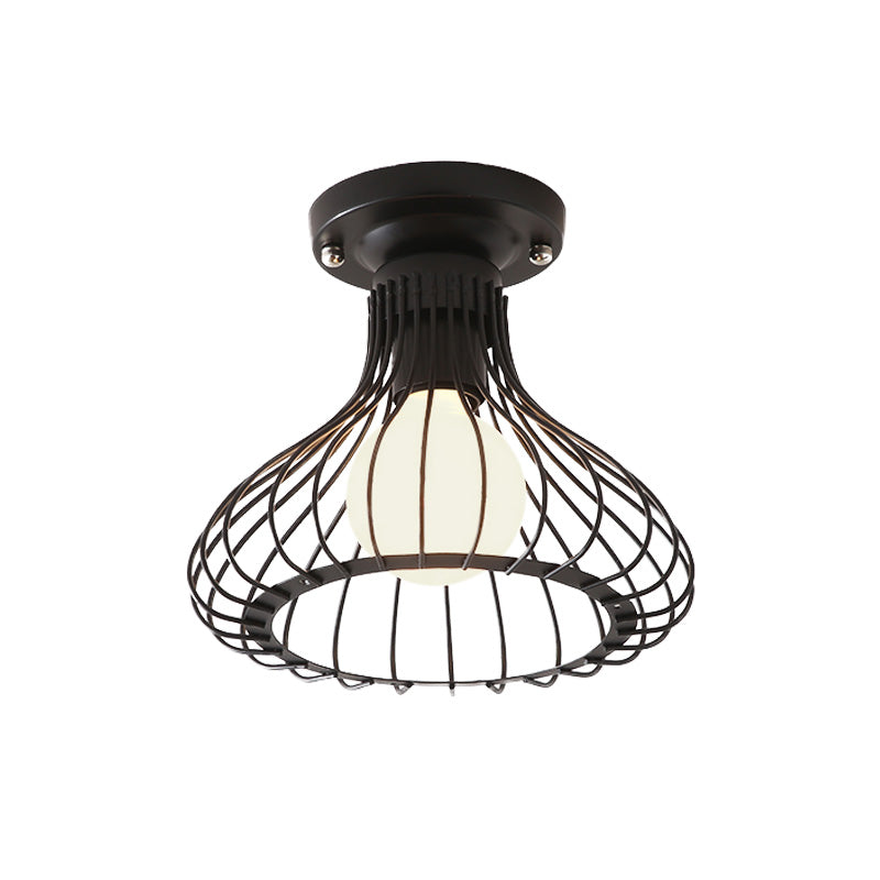 Caged Metal Ceiling Light Fixture with Cylinder/Teardrop Shade Industrial 1 Light Corridor Semi Flush Light in Black Clearhalo 'Ceiling Lights' 'Close To Ceiling Lights' 'Close to ceiling' 'Semi-flushmount' Lighting' 605904