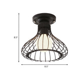 Caged Metal Ceiling Light Fixture with Cylinder/Teardrop Shade Industrial 1 Light Corridor Semi Flush Light in Black Clearhalo 'Ceiling Lights' 'Close To Ceiling Lights' 'Close to ceiling' 'Semi-flushmount' Lighting' 605905