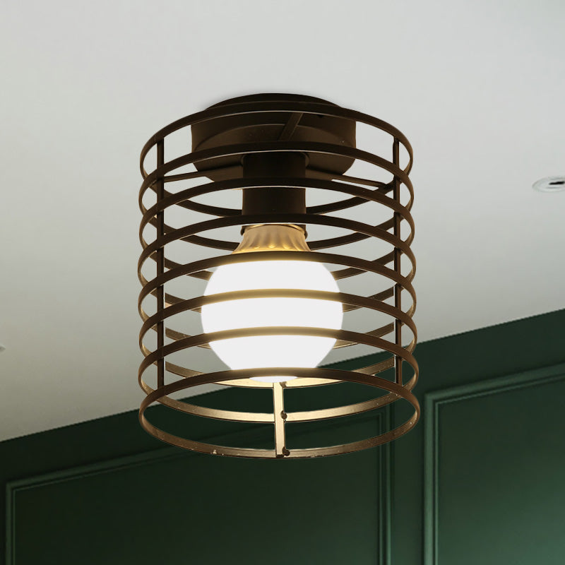 Caged Metal Ceiling Light Fixture with Cylinder/Teardrop Shade Industrial 1 Light Corridor Semi Flush Light in Black Black Cylinder Clearhalo 'Ceiling Lights' 'Close To Ceiling Lights' 'Close to ceiling' 'Semi-flushmount' Lighting' 605906