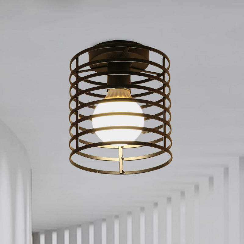 Caged Metal Ceiling Light Fixture with Cylinder/Teardrop Shade Industrial 1 Light Corridor Semi Flush Light in Black Clearhalo 'Ceiling Lights' 'Close To Ceiling Lights' 'Close to ceiling' 'Semi-flushmount' Lighting' 605907