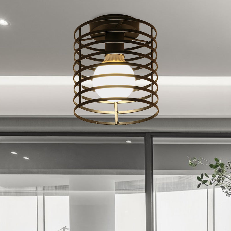 Caged Metal Ceiling Light Fixture with Cylinder/Teardrop Shade Industrial 1 Light Corridor Semi Flush Light in Black Clearhalo 'Ceiling Lights' 'Close To Ceiling Lights' 'Close to ceiling' 'Semi-flushmount' Lighting' 605908