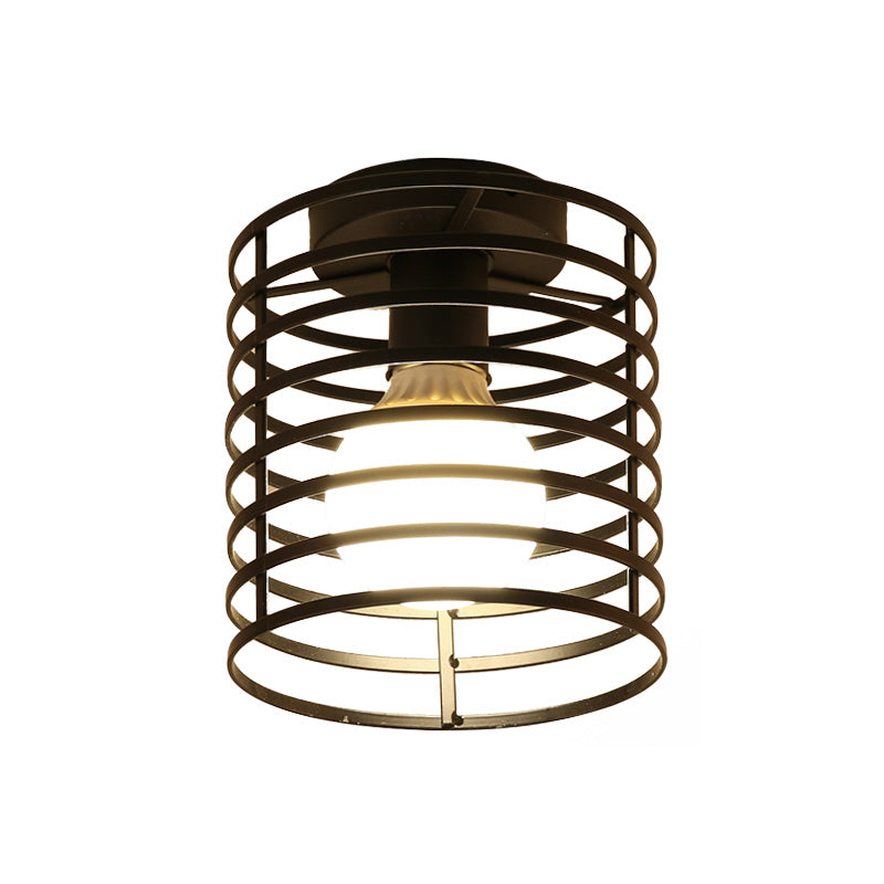 Caged Metal Ceiling Light Fixture with Cylinder/Teardrop Shade Industrial 1 Light Corridor Semi Flush Light in Black Clearhalo 'Ceiling Lights' 'Close To Ceiling Lights' 'Close to ceiling' 'Semi-flushmount' Lighting' 605909