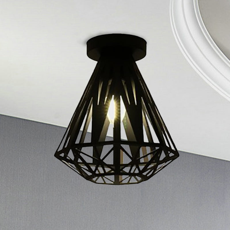 Metallic Caged Flush Mount Fixture with Diamond Shade Loft Style 1 Bulb Corridor Ceiling Lighting in Black Black Clearhalo 'Ceiling Lights' 'Close To Ceiling Lights' 'Close to ceiling' 'Flush mount' 'Industrial Flush Mount' Lighting' 605911