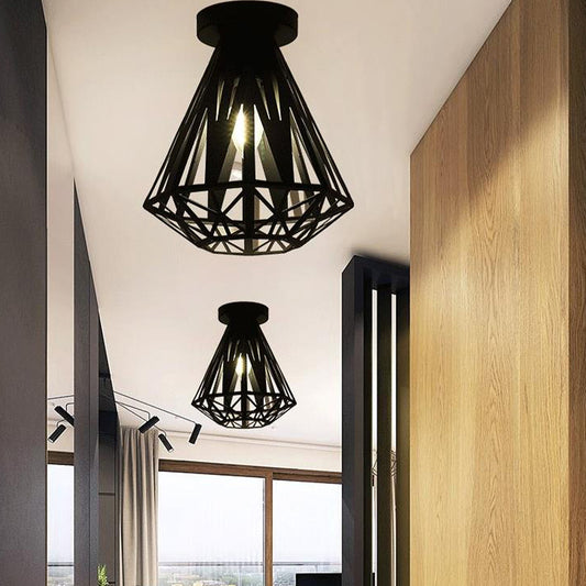 Metallic Caged Flush Mount Fixture with Diamond Shade Loft Style 1 Bulb Corridor Ceiling Lighting in Black Clearhalo 'Ceiling Lights' 'Close To Ceiling Lights' 'Close to ceiling' 'Flush mount' 'Industrial Flush Mount' Lighting' 605912