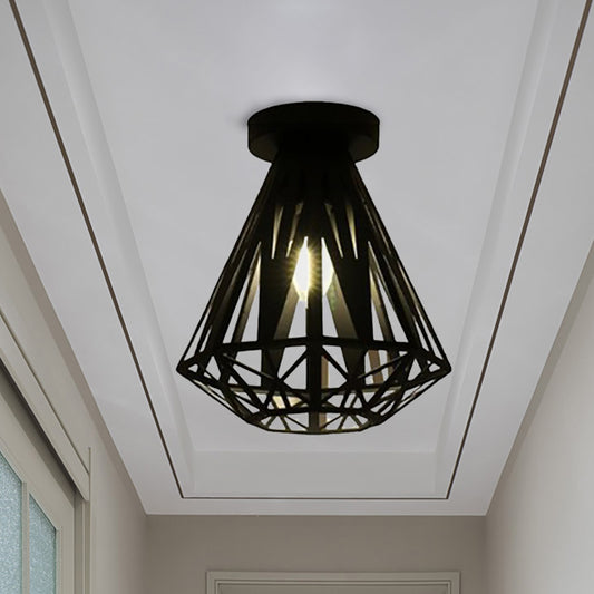 Metallic Caged Flush Mount Fixture with Diamond Shade Loft Style 1 Bulb Corridor Ceiling Lighting in Black Clearhalo 'Ceiling Lights' 'Close To Ceiling Lights' 'Close to ceiling' 'Flush mount' 'Industrial Flush Mount' Lighting' 605913