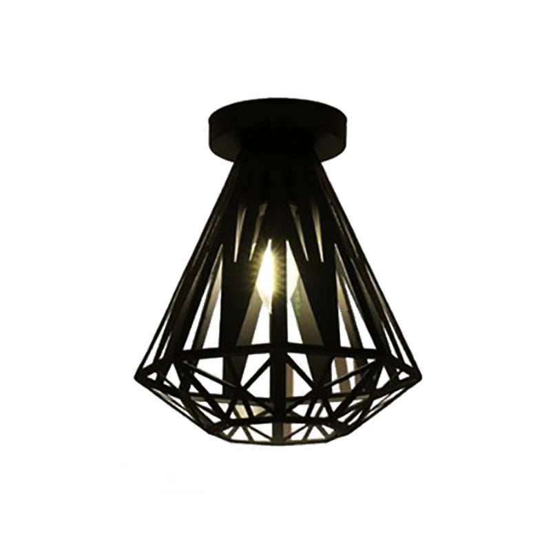 Metallic Caged Flush Mount Fixture with Diamond Shade Loft Style 1 Bulb Corridor Ceiling Lighting in Black Clearhalo 'Ceiling Lights' 'Close To Ceiling Lights' 'Close to ceiling' 'Flush mount' 'Industrial Flush Mount' Lighting' 605914