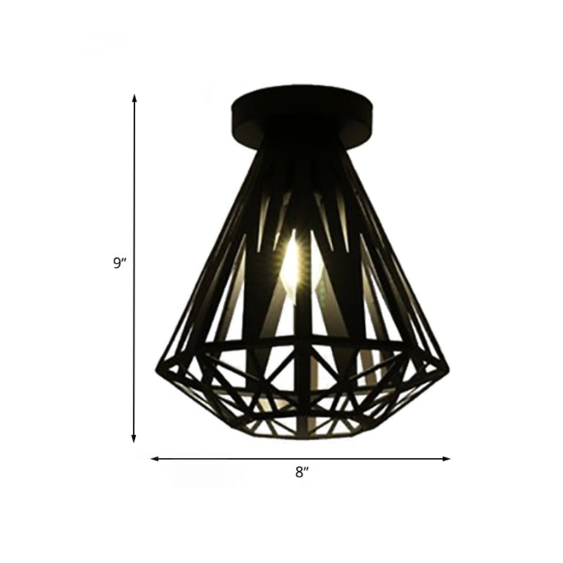 Metallic Caged Flush Mount Fixture with Diamond Shade Loft Style 1 Bulb Corridor Ceiling Lighting in Black Clearhalo 'Ceiling Lights' 'Close To Ceiling Lights' 'Close to ceiling' 'Flush mount' 'Industrial Flush Mount' Lighting' 605915