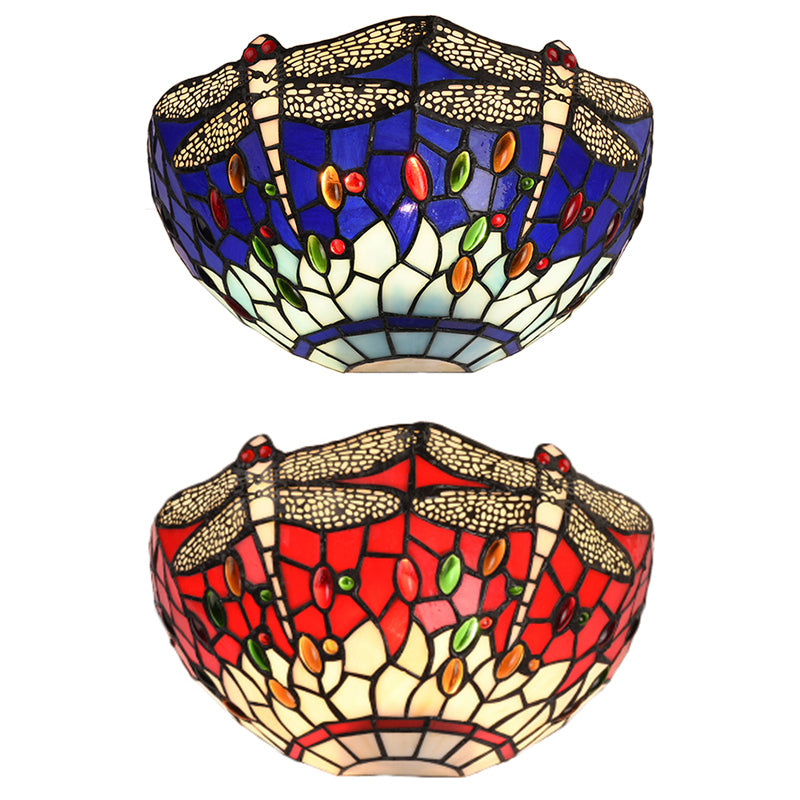 Half-Bowl Wall Light with Dragonfly and Jewel Tiffany Stained Glass Wall Sconce in Red/Blue for Cafe Clearhalo 'Industrial' 'Middle century wall lights' 'Tiffany wall lights' 'Tiffany' 'Wall Lamps & Sconces' 'Wall Lights' Lighting' 60599