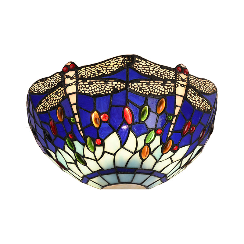 Half-Bowl Wall Light with Dragonfly and Jewel Tiffany Stained Glass Wall Sconce in Red/Blue for Cafe Clearhalo 'Industrial' 'Middle century wall lights' 'Tiffany wall lights' 'Tiffany' 'Wall Lamps & Sconces' 'Wall Lights' Lighting' 60600