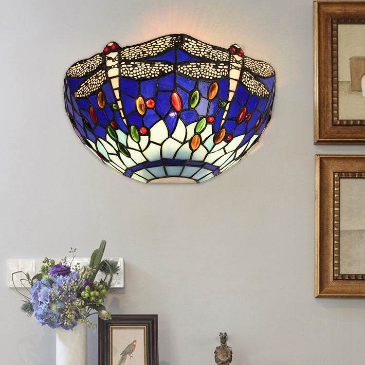 Half-Bowl Wall Light with Dragonfly and Jewel Tiffany Stained Glass Wall Sconce in Red/Blue for Cafe Clearhalo 'Industrial' 'Middle century wall lights' 'Tiffany wall lights' 'Tiffany' 'Wall Lamps & Sconces' 'Wall Lights' Lighting' 60602