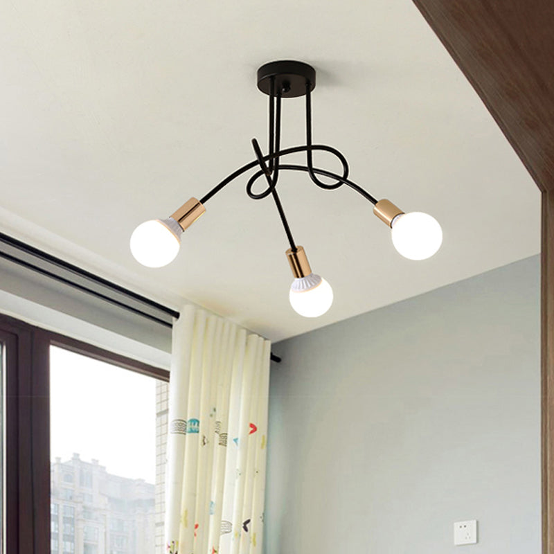Black/Gold Twisted Semi Flush Mount Lighting with Open Bulb Industrial Metal 3/5/6-Light Kitchen Ceiling Light Clearhalo 'Ceiling Lights' 'Close To Ceiling Lights' 'Close to ceiling' 'Semi-flushmount' Lighting' 606039