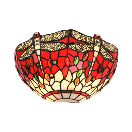 Half-Bowl Wall Light with Dragonfly and Jewel Tiffany Stained Glass Wall Sconce in Red/Blue for Cafe Clearhalo 'Industrial' 'Middle century wall lights' 'Tiffany wall lights' 'Tiffany' 'Wall Lamps & Sconces' 'Wall Lights' Lighting' 60604
