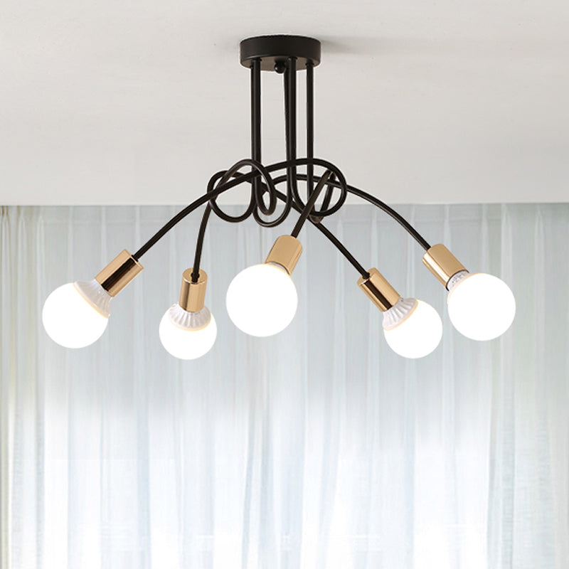 Black/Gold Twisted Semi Flush Mount Lighting with Open Bulb Industrial Metal 3/5/6-Light Kitchen Ceiling Light 5 Black Clearhalo 'Ceiling Lights' 'Close To Ceiling Lights' 'Close to ceiling' 'Semi-flushmount' Lighting' 606043