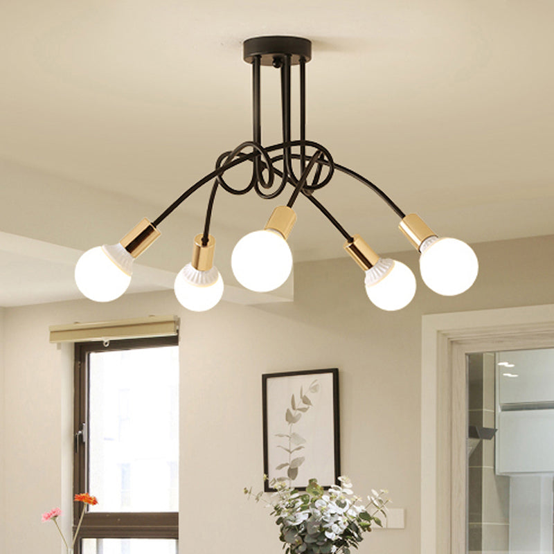 Black/Gold Twisted Semi Flush Mount Lighting with Open Bulb Industrial Metal 3/5/6-Light Kitchen Ceiling Light Clearhalo 'Ceiling Lights' 'Close To Ceiling Lights' 'Close to ceiling' 'Semi-flushmount' Lighting' 606044