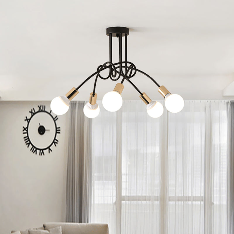 Black/Gold Twisted Semi Flush Mount Lighting with Open Bulb Industrial Metal 3/5/6-Light Kitchen Ceiling Light Clearhalo 'Ceiling Lights' 'Close To Ceiling Lights' 'Close to ceiling' 'Semi-flushmount' Lighting' 606045