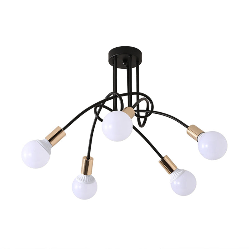 Black/Gold Twisted Semi Flush Mount Lighting with Open Bulb Industrial Metal 3/5/6-Light Kitchen Ceiling Light Clearhalo 'Ceiling Lights' 'Close To Ceiling Lights' 'Close to ceiling' 'Semi-flushmount' Lighting' 606046