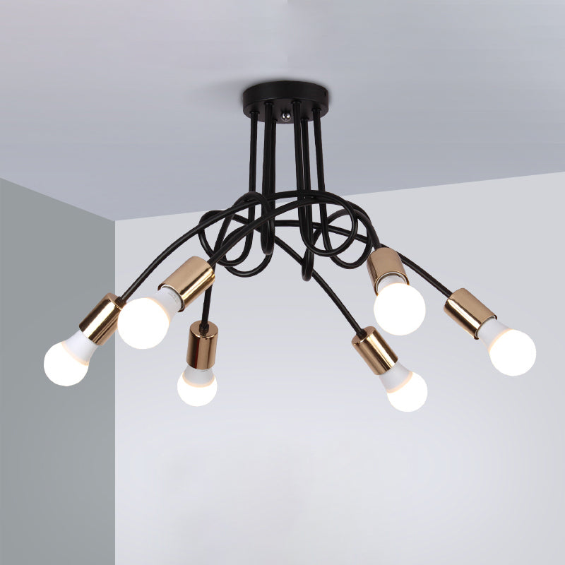 Black/Gold Twisted Semi Flush Mount Lighting with Open Bulb Industrial Metal 3/5/6-Light Kitchen Ceiling Light 6 Black Clearhalo 'Ceiling Lights' 'Close To Ceiling Lights' 'Close to ceiling' 'Semi-flushmount' Lighting' 606048