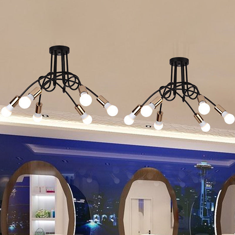 Black/Gold Twisted Semi Flush Mount Lighting with Open Bulb Industrial Metal 3/5/6-Light Kitchen Ceiling Light Clearhalo 'Ceiling Lights' 'Close To Ceiling Lights' 'Close to ceiling' 'Semi-flushmount' Lighting' 606049