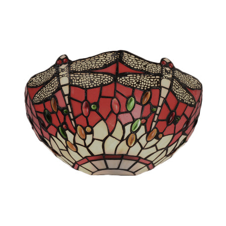 Half-Bowl Wall Light with Dragonfly and Jewel Tiffany Stained Glass Wall Sconce in Red/Blue for Cafe Clearhalo 'Industrial' 'Middle century wall lights' 'Tiffany wall lights' 'Tiffany' 'Wall Lamps & Sconces' 'Wall Lights' Lighting' 60605