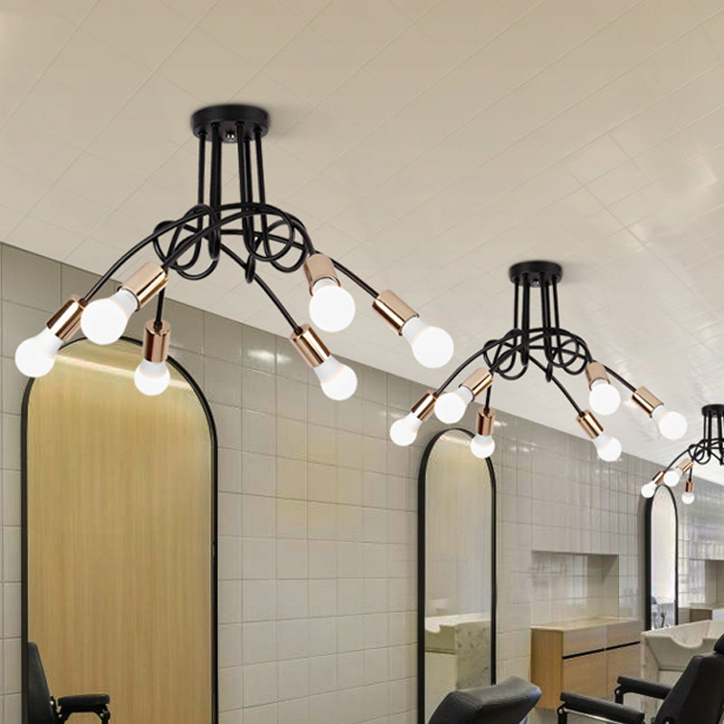 Black/Gold Twisted Semi Flush Mount Lighting with Open Bulb Industrial Metal 3/5/6-Light Kitchen Ceiling Light Clearhalo 'Ceiling Lights' 'Close To Ceiling Lights' 'Close to ceiling' 'Semi-flushmount' Lighting' 606050