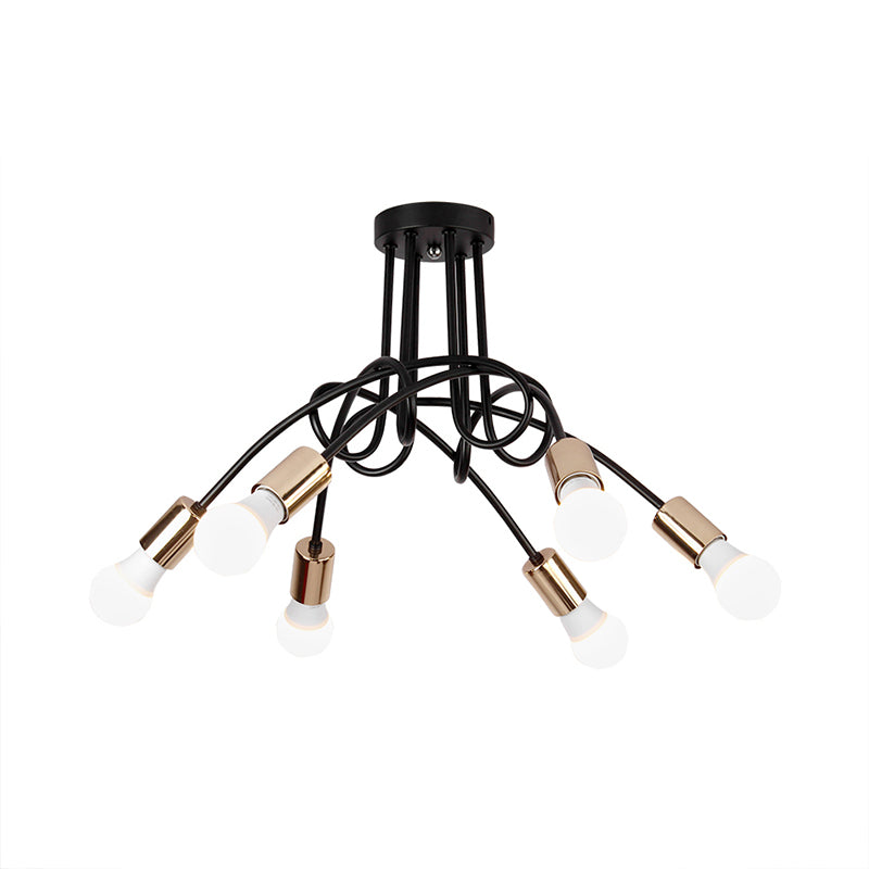 Black/Gold Twisted Semi Flush Mount Lighting with Open Bulb Industrial Metal 3/5/6-Light Kitchen Ceiling Light Clearhalo 'Ceiling Lights' 'Close To Ceiling Lights' 'Close to ceiling' 'Semi-flushmount' Lighting' 606051