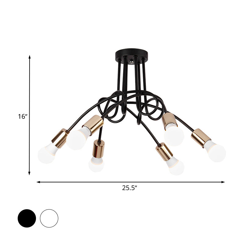 Black/Gold Twisted Semi Flush Mount Lighting with Open Bulb Industrial Metal 3/5/6-Light Kitchen Ceiling Light Clearhalo 'Ceiling Lights' 'Close To Ceiling Lights' 'Close to ceiling' 'Semi-flushmount' Lighting' 606052