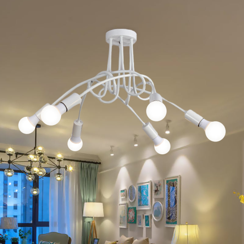 Black/Gold Twisted Semi Flush Mount Lighting with Open Bulb Industrial Metal 3/5/6-Light Kitchen Ceiling Light 6 White Clearhalo 'Ceiling Lights' 'Close To Ceiling Lights' 'Close to ceiling' 'Semi-flushmount' Lighting' 606061