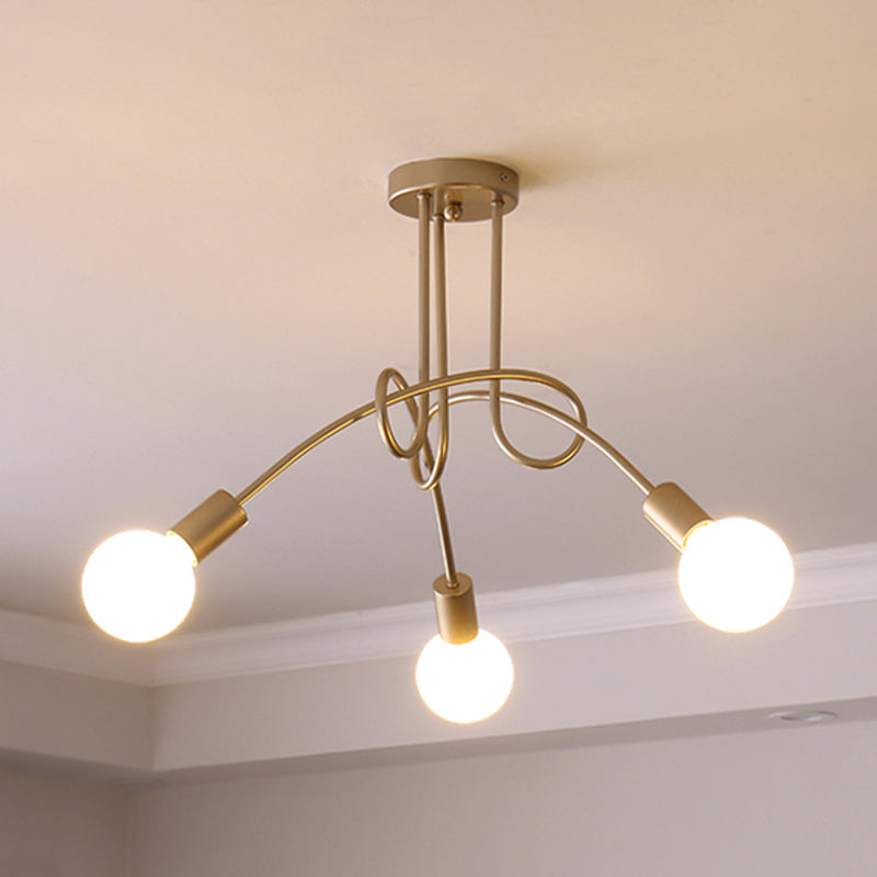 Black/Gold Twisted Semi Flush Mount Lighting with Open Bulb Industrial Metal 3/5/6-Light Kitchen Ceiling Light 3 Gold Clearhalo 'Ceiling Lights' 'Close To Ceiling Lights' 'Close to ceiling' 'Semi-flushmount' Lighting' 606065