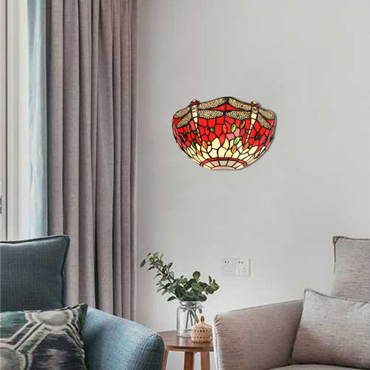 Half-Bowl Wall Light with Dragonfly and Jewel Tiffany Stained Glass Wall Sconce in Red/Blue for Cafe Red Clearhalo 'Industrial' 'Middle century wall lights' 'Tiffany wall lights' 'Tiffany' 'Wall Lamps & Sconces' 'Wall Lights' Lighting' 60606