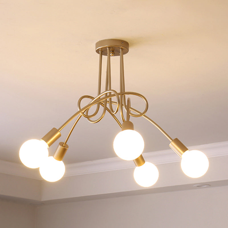 Black/Gold Twisted Semi Flush Mount Lighting with Open Bulb Industrial Metal 3/5/6-Light Kitchen Ceiling Light 5 Gold Clearhalo 'Ceiling Lights' 'Close To Ceiling Lights' 'Close to ceiling' 'Semi-flushmount' Lighting' 606070
