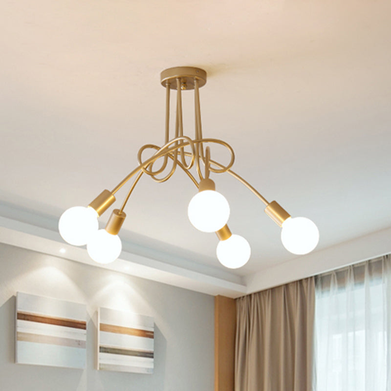Black/Gold Twisted Semi Flush Mount Lighting with Open Bulb Industrial Metal 3/5/6-Light Kitchen Ceiling Light Clearhalo 'Ceiling Lights' 'Close To Ceiling Lights' 'Close to ceiling' 'Semi-flushmount' Lighting' 606071