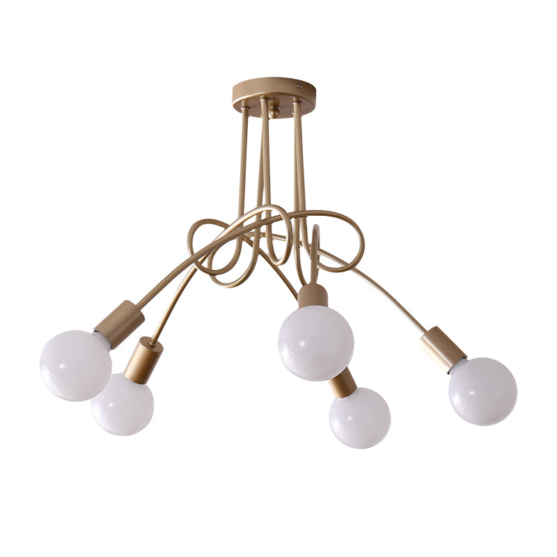 Black/Gold Twisted Semi Flush Mount Lighting with Open Bulb Industrial Metal 3/5/6-Light Kitchen Ceiling Light Clearhalo 'Ceiling Lights' 'Close To Ceiling Lights' 'Close to ceiling' 'Semi-flushmount' Lighting' 606073