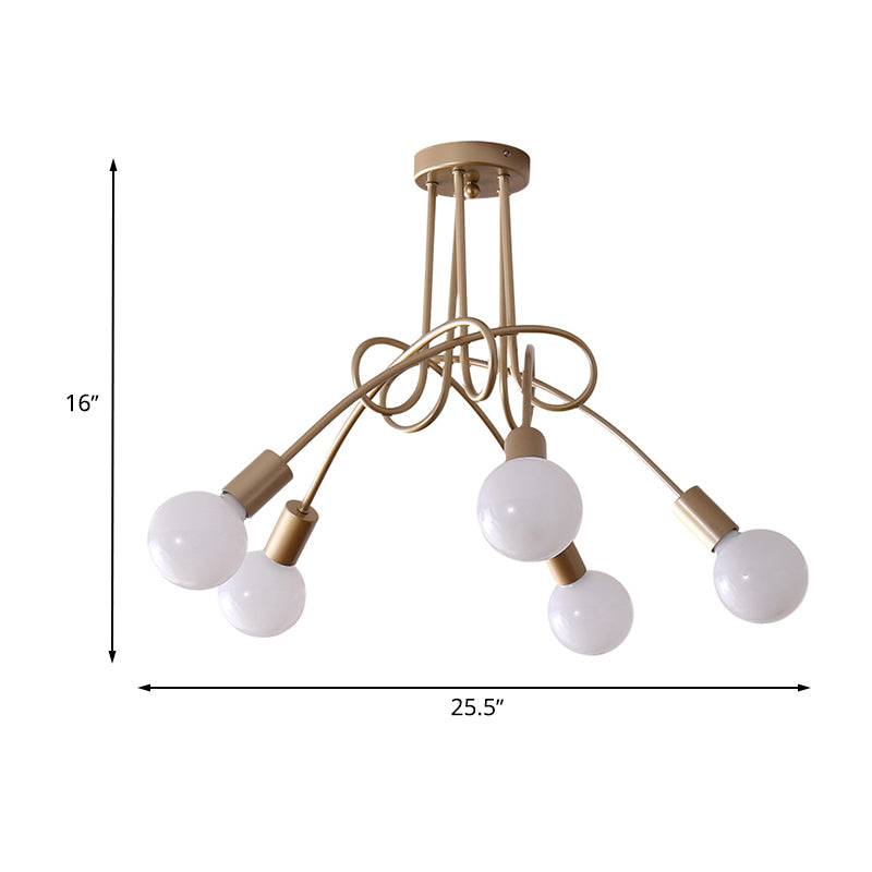 Black/Gold Twisted Semi Flush Mount Lighting with Open Bulb Industrial Metal 3/5/6-Light Kitchen Ceiling Light Clearhalo 'Ceiling Lights' 'Close To Ceiling Lights' 'Close to ceiling' 'Semi-flushmount' Lighting' 606074