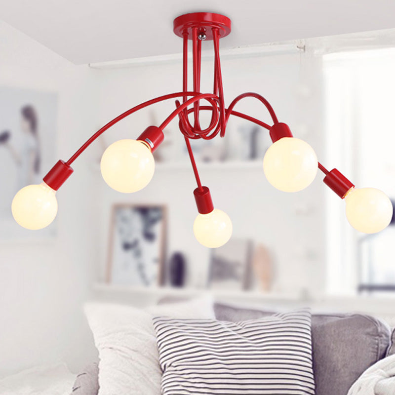 Black/Gold Twisted Semi Flush Mount Lighting with Open Bulb Industrial Metal 3/5/6-Light Kitchen Ceiling Light 5 Red Clearhalo 'Ceiling Lights' 'Close To Ceiling Lights' 'Close to ceiling' 'Semi-flushmount' Lighting' 606075