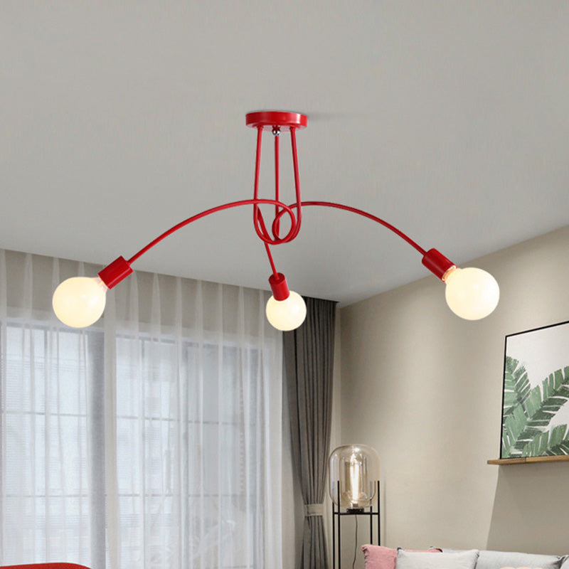 Black/Gold Twisted Semi Flush Mount Lighting with Open Bulb Industrial Metal 3/5/6-Light Kitchen Ceiling Light 3 Red Clearhalo 'Ceiling Lights' 'Close To Ceiling Lights' 'Close to ceiling' 'Semi-flushmount' Lighting' 606080