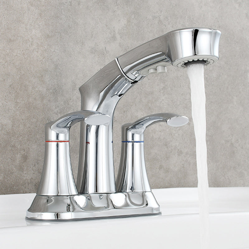 Square 2-Handle Bathroom Faucet 3 Hole Centerset Lavatory Faucet with Swivel Chrome Clearhalo 'Bathroom Remodel & Bathroom Fixtures' 'Bathroom Sink Faucets' 'Bathroom Sinks & Faucet Components' 'bathroom_sink_faucets' 'Home Improvement' 'home_improvement' 'home_improvement_bathroom_sink_faucets' 6065073