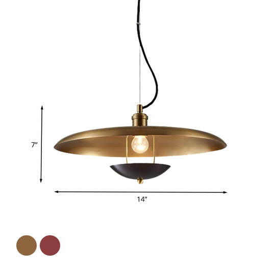 Antiqued Flat Hanging Light Kit 1-Bulb Metal Ceiling Lamp in Red/Gold with Adjustable Cord Clearhalo 'Art Deco Pendants' 'Cast Iron' 'Ceiling Lights' 'Ceramic' 'Crystal' 'Industrial Pendants' 'Industrial' 'Metal' 'Middle Century Pendants' 'Pendant Lights' 'Pendants' 'Tiffany' Lighting' 607644
