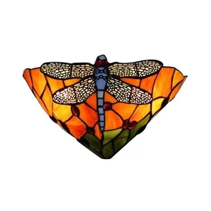 Bowl Wall Sconce Lighting with Dragonfly Pattern Stained Glass 2 Lights Rustic Wall Mount Light Clearhalo 'Industrial' 'Middle century wall lights' 'Tiffany wall lights' 'Tiffany' 'Wall Lamps & Sconces' 'Wall Lights' Lighting' 6081