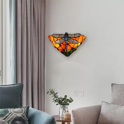 Bowl Wall Sconce Lighting with Dragonfly Pattern Stained Glass 2 Lights Rustic Wall Mount Light Orange Clearhalo 'Industrial' 'Middle century wall lights' 'Tiffany wall lights' 'Tiffany' 'Wall Lamps & Sconces' 'Wall Lights' Lighting' 6083