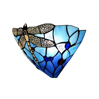 Bowl Wall Sconce Lighting with Dragonfly Pattern Stained Glass 2 Lights Rustic Wall Mount Light Clearhalo 'Industrial' 'Middle century wall lights' 'Tiffany wall lights' 'Tiffany' 'Wall Lamps & Sconces' 'Wall Lights' Lighting' 6084