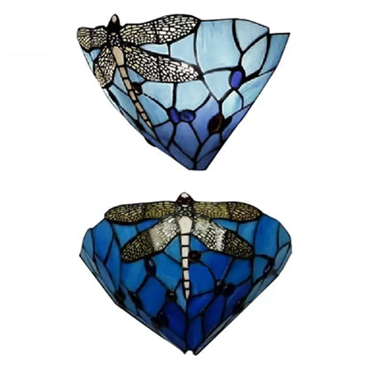 Bowl Wall Sconce Lighting with Dragonfly Pattern Stained Glass 2 Lights Rustic Wall Mount Light Clearhalo 'Industrial' 'Middle century wall lights' 'Tiffany wall lights' 'Tiffany' 'Wall Lamps & Sconces' 'Wall Lights' Lighting' 6085