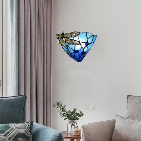 Bowl Wall Sconce Lighting with Dragonfly Pattern Stained Glass 2 Lights Rustic Wall Mount Light Blue Clearhalo 'Industrial' 'Middle century wall lights' 'Tiffany wall lights' 'Tiffany' 'Wall Lamps & Sconces' 'Wall Lights' Lighting' 6086