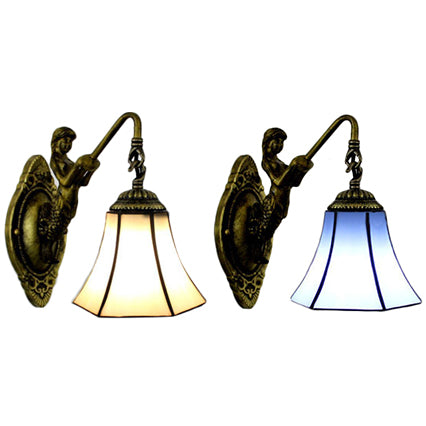 Flared Wall Light Fixture Tiffany Blue/Beige Glass 1 Head Antique Bronze Sconce Lighting Clearhalo 'Industrial' 'Middle century wall lights' 'Tiffany wall lights' 'Tiffany' 'Wall Lamps & Sconces' 'Wall Lights' Lighting' 60876