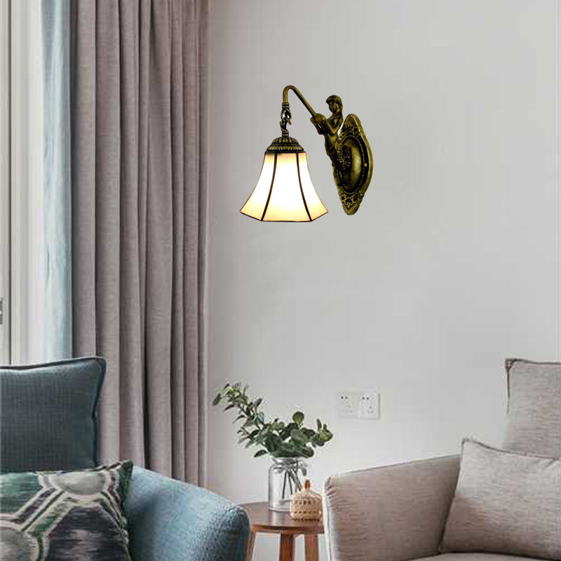Flared Wall Light Fixture Tiffany Blue/Beige Glass 1 Head Antique Bronze Sconce Lighting Beige Clearhalo 'Industrial' 'Middle century wall lights' 'Tiffany wall lights' 'Tiffany' 'Wall Lamps & Sconces' 'Wall Lights' Lighting' 60879