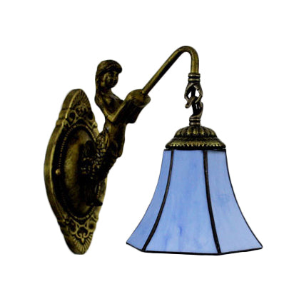 Flared Wall Light Fixture Tiffany Blue/Beige Glass 1 Head Antique Bronze Sconce Lighting Clearhalo 'Industrial' 'Middle century wall lights' 'Tiffany wall lights' 'Tiffany' 'Wall Lamps & Sconces' 'Wall Lights' Lighting' 60881