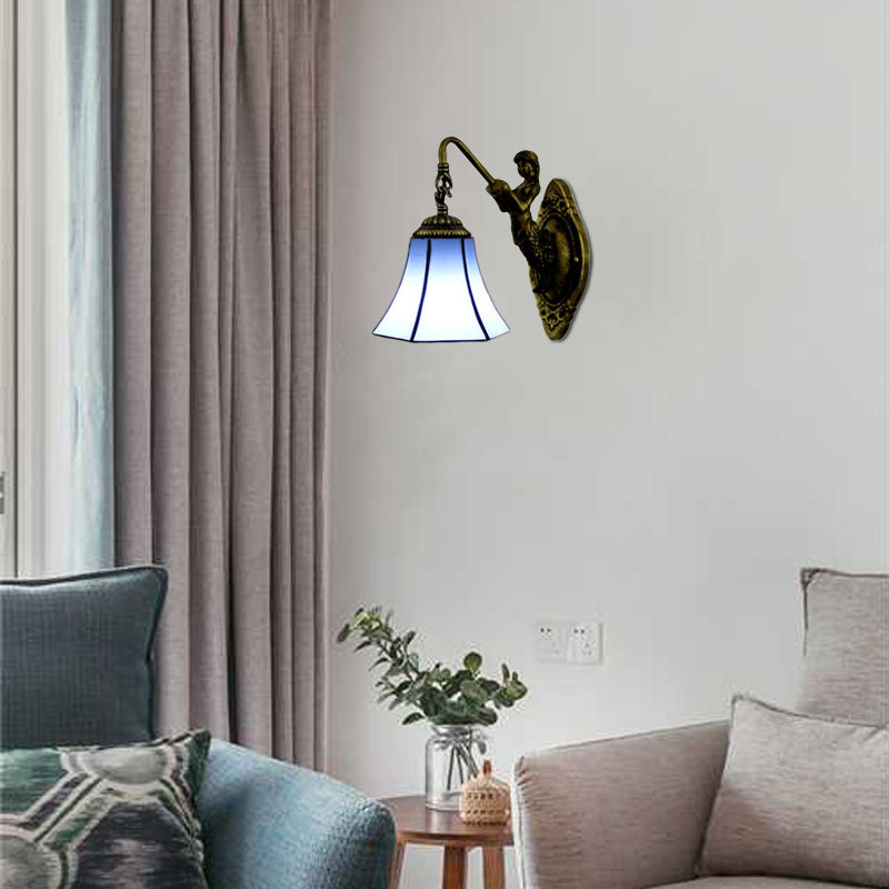 Flared Wall Light Fixture Tiffany Blue/Beige Glass 1 Head Antique Bronze Sconce Lighting Blue Clearhalo 'Industrial' 'Middle century wall lights' 'Tiffany wall lights' 'Tiffany' 'Wall Lamps & Sconces' 'Wall Lights' Lighting' 60882