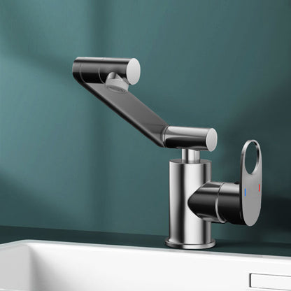 Contemporary Centerset Faucet Lever Handles Rotatable Low Arc Solid Brass Circular Faucet Silver Clearhalo 'Bathroom Remodel & Bathroom Fixtures' 'Bathroom Sink Faucets' 'Bathroom Sinks & Faucet Components' 'bathroom_sink_faucets' 'Home Improvement' 'home_improvement' 'home_improvement_bathroom_sink_faucets' 6118133