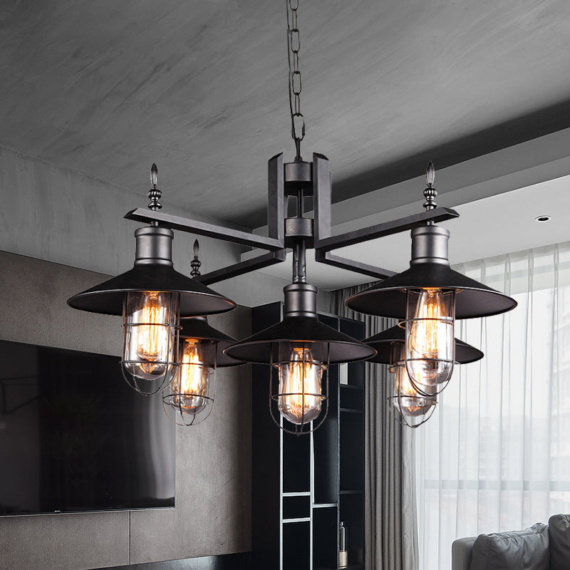 Antiqued Wide Flared Pendant Chandelier Metal 6 Heads Caged Drop Light in Black with Clear Glass Shade Clearhalo 'Cast Iron' 'Ceiling Lights' 'Chandeliers' 'Industrial Chandeliers' 'Industrial' 'Metal' 'Middle Century Chandeliers' 'Rustic Chandeliers' 'Tiffany' Lighting' 612048
